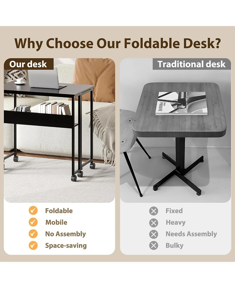 gaomon 31.5" Folding Rolling Desk with Storage Shelf, Space-Saving Portable Computer Table for Home Office