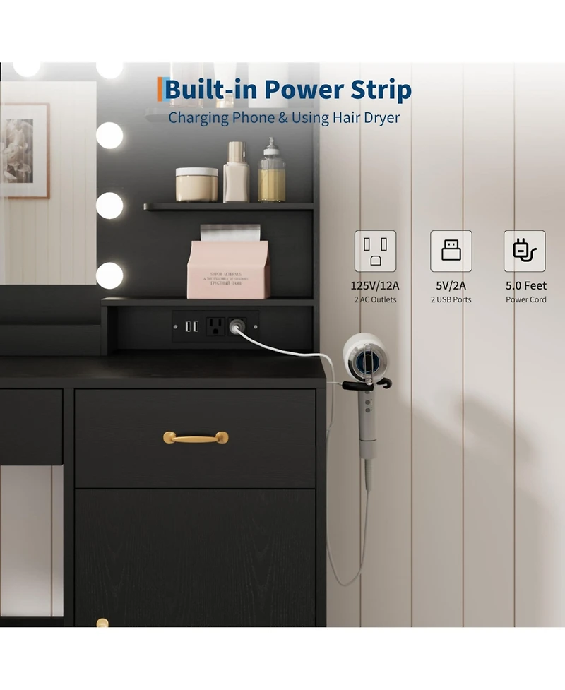 gaomon Vanity Desk with Mirror and Lights, Set Upholstered Storage Stool, Makeup Power Outlet 11 Led Bulbs, Dressing Table