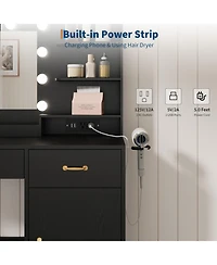 gaomon Vanity Desk with Mirror and Lights, Set Upholstered Storage Stool, Makeup Power Outlet 11 Led Bulbs, Dressing Table