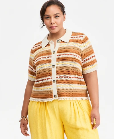 On 34th Trendy Plus Size Textured Stripe Collared Cardigan, Macy's Exclusive