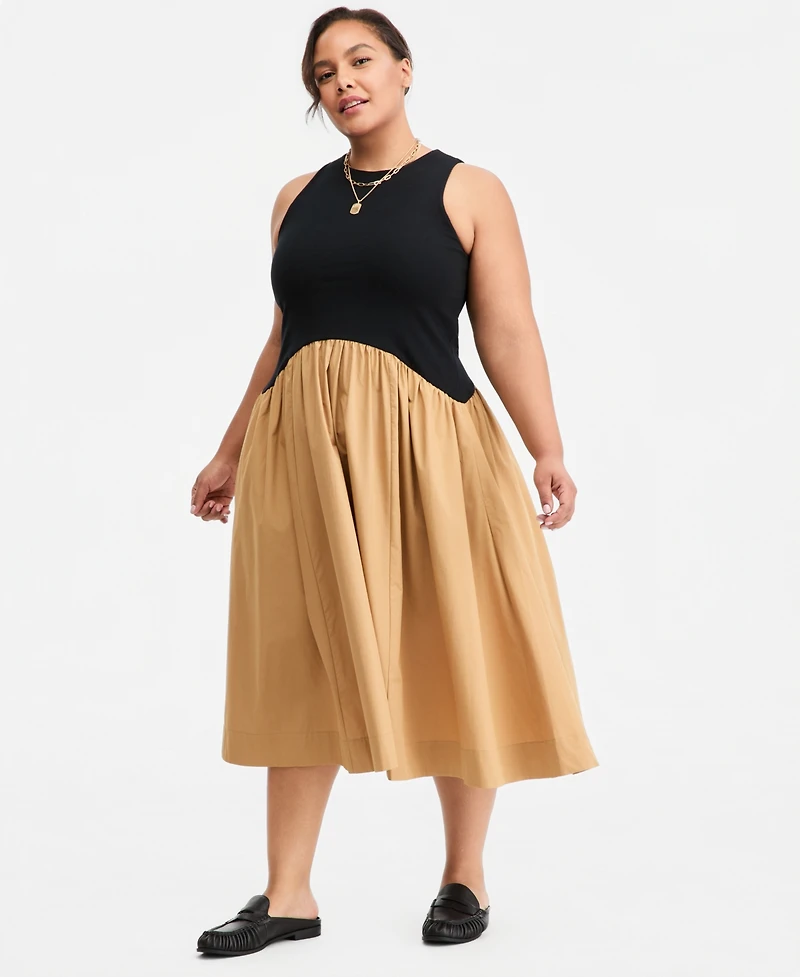 On 34th Plus Curved-Waist Mixed-Media Midi Dress, Macy's Exclusive