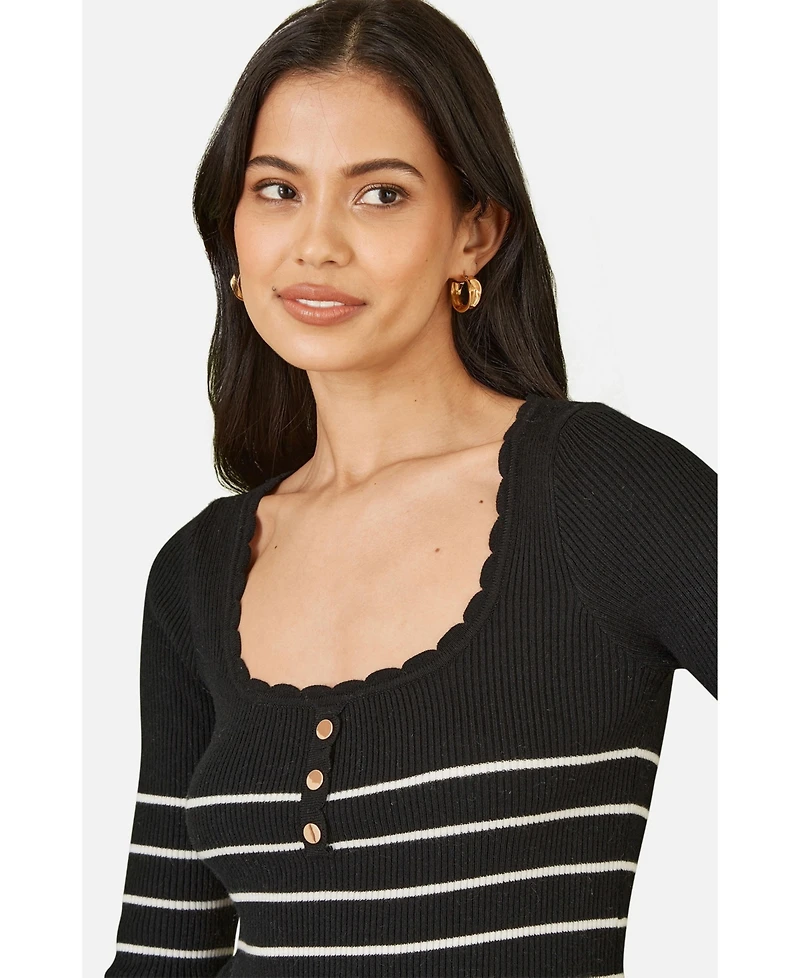 Yumi Women's Button Detail Long Sleeve Rib Knit Top