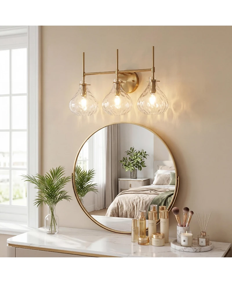 Tribesigns 3-Light Bathroom Vanity Light with Water Ripple Glass Shades, Modern Gold Wall Light Fixture