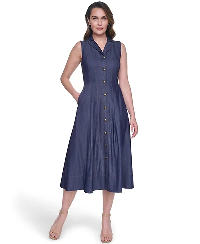 Vince Camuto Women's Denim Sleeveless Midi Shirt Dress