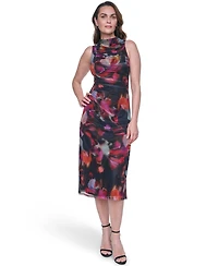 Vince Camuto Women's Printed Mesh Shirred Midi Dress