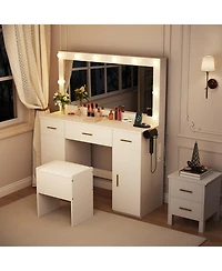 gaomon Makeup Vanity Desk Set with Upholstered Stool, Make Up Table with Drawers, Charging Station and Large Mirror