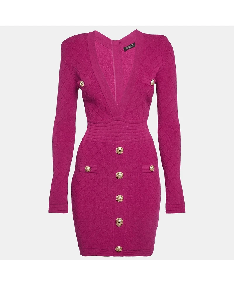 Pre-Owned Balmain Women's Fuchsia Jacquard Knit Button Detail Mini Dress