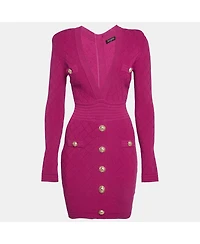 Pre-Owned Balmain Women's Fuchsia Jacquard Knit Button Detail Mini Dress