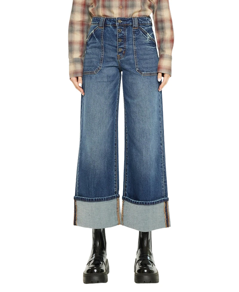 KanCan Women's High Rise Cuffed Wide Leg Jeans