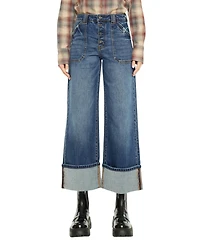 KanCan Women's High Rise Cuffed Wide Leg Jeans