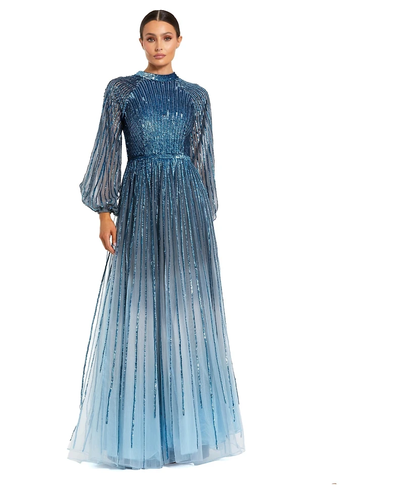 Mac Duggal Women's Ombre Beaded Bishop Sleeve A-Line Gown