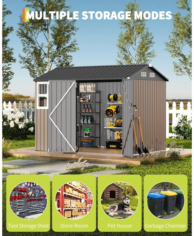 gaomon 6x8 Feet Outdoor Storage Shed, Metal Garden Tool Shed with Lockable Door, Window and Vents, Galvanized Steel Frame, Sloped Roof Utility Storage