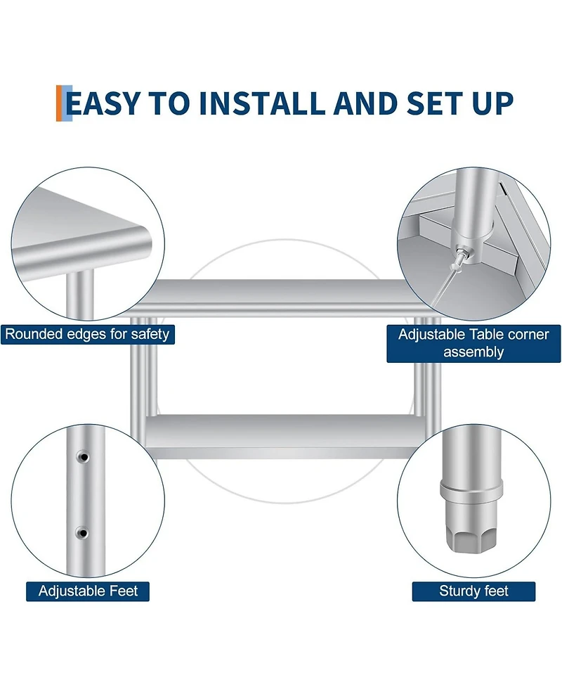 gaomon Stainless Steel Prep Table, 24 x 60 Inches, with Rounded-Corner, Adjustable Undershelf