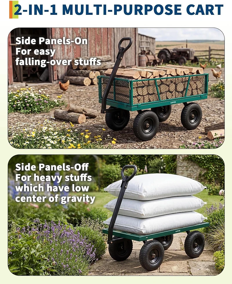 gaomon 1200 lbs Heavy Duty Steel Garden Cart with Removable Mesh Sides 13inch All-Terrain Pneumatic Tires Utility Wagon with 180 Rotating