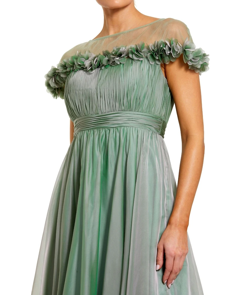 Mac Duggal Women's Chiffon Illusion Neck Midi Dress With 3D Flowers