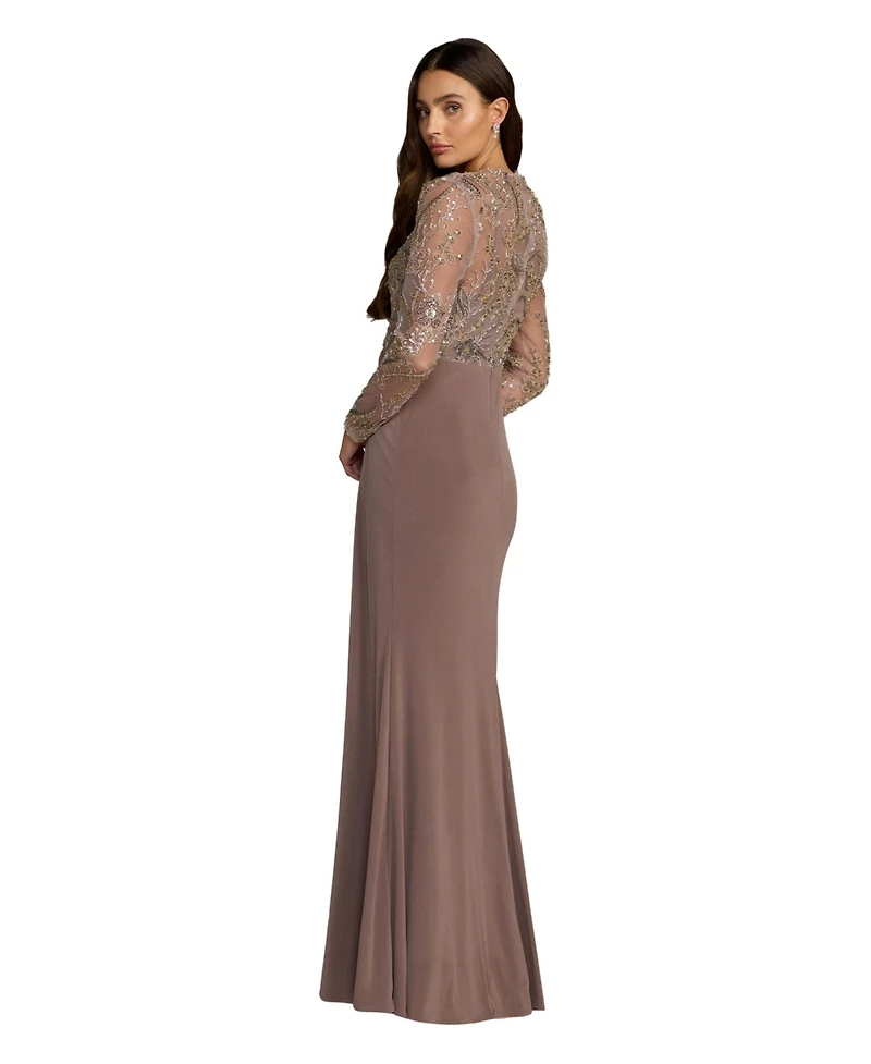 Mac Duggal Petite Embroidered Long Sleeve Jersey Evening Gown