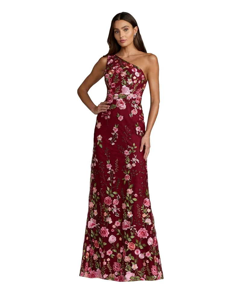 Mac Duggal Petite One Shlouder Lace Embroidered Gown Dresse