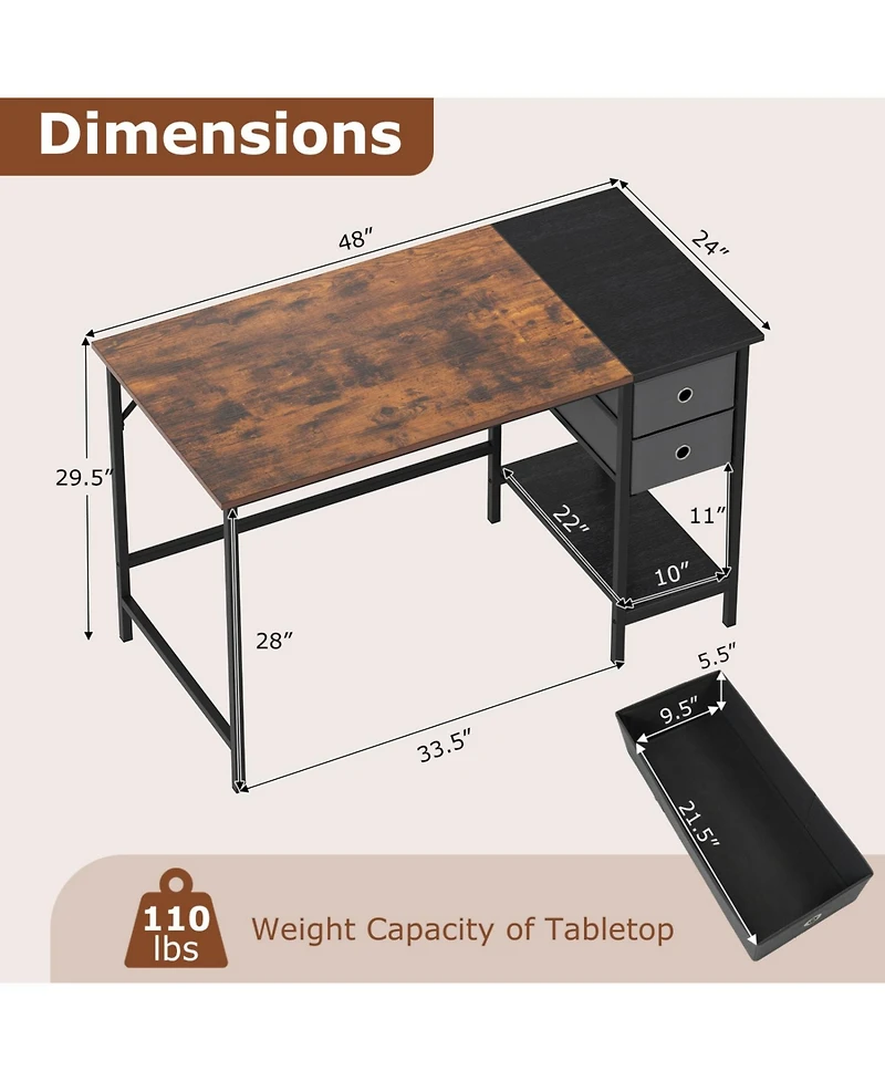 Slickblue 48 Inch Computer Desk with 2 Fabric Drawers Industrial Style