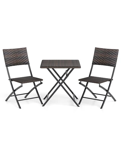 Clihome 3 Piece Rattan Bistro Set Outdoor Folding Dining Table and Chairs with Wicker Seat
