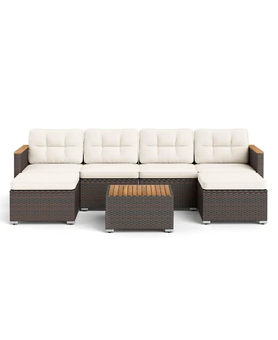 Clihome 7 Pieces Wicker Conversation Set with Wood Armrests for Backyard