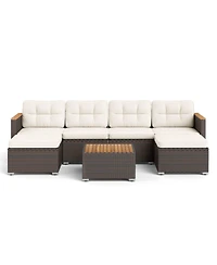 Clihome 7 Pieces Wicker Conversation Set with Wood Armrests for Backyard