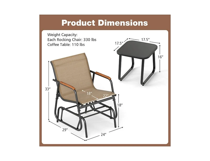 Boyel Living 3-Piece Outdoor Glider Bistro Set with Tempered Glass Top and Metal Frame, Coffee