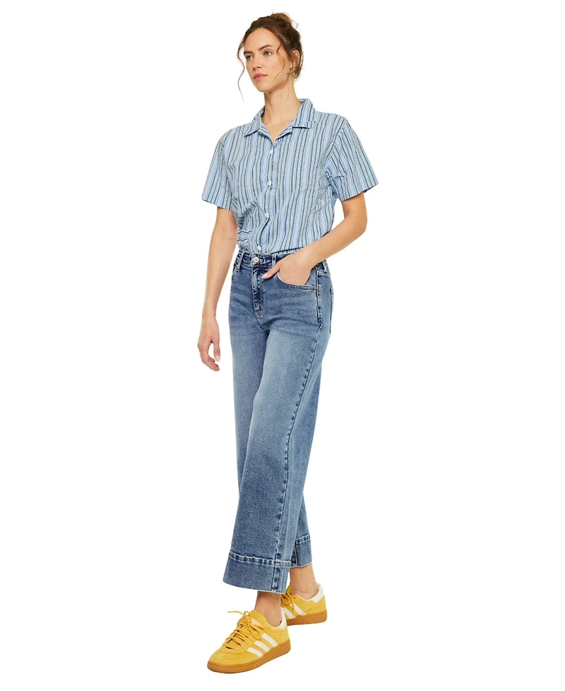 KanCan Women's Nessa High Rise Crop Wide Leg Jeans