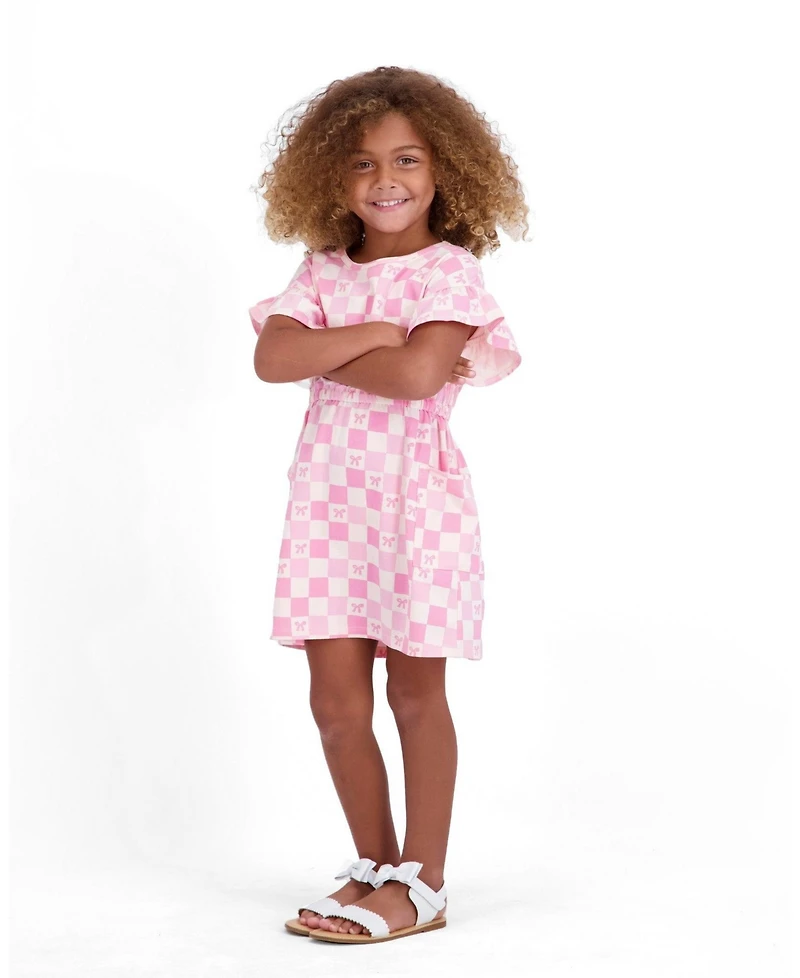 Andy & Evan Toddler Girls Printed Checker Jersey Dress With Ruffle Sleeve