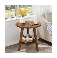 Slickblue Rustic Solid Wood End Table with Round Top and Storage Shelf