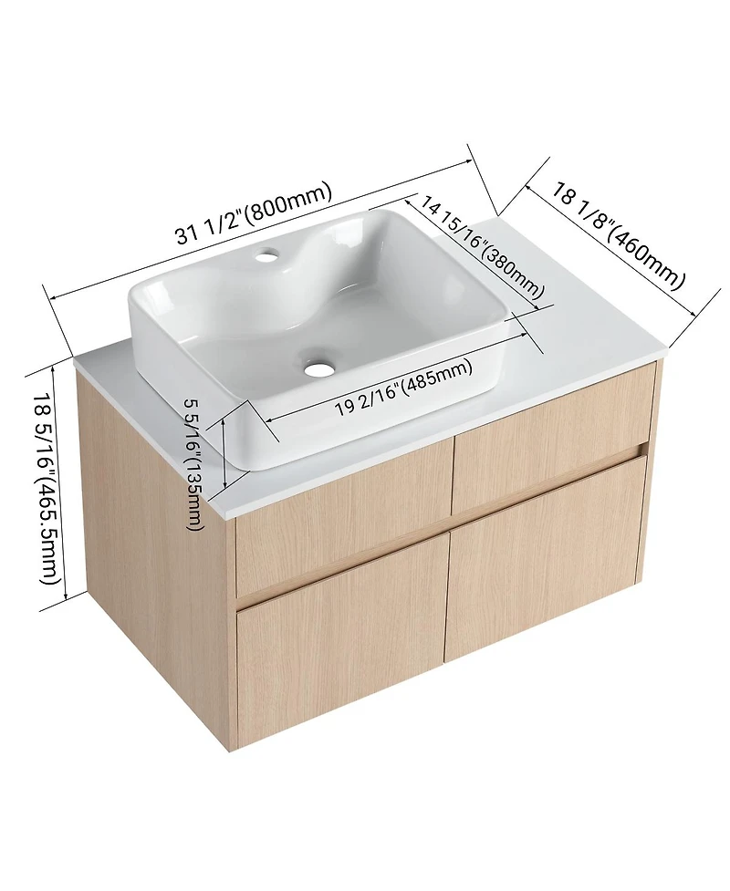 Sillysis Inch Wall Mounted Bathroom Vanity with Ceramic Sink, Storage Drawers and Wood Grain Finish for Modern Bathrooms