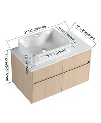 Sillysis Inch Wall Mounted Bathroom Vanity with Ceramic Sink, Storage Drawers and Wood Grain Finish for Modern Bathrooms