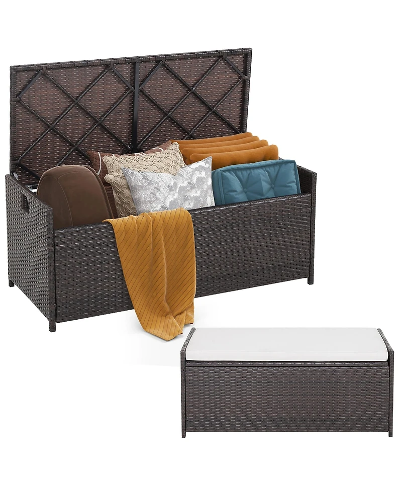 Gymax 34 Gallon Outdoor Storage Patio Bench Patio Wicker Deck Box w/ Off White Cushion