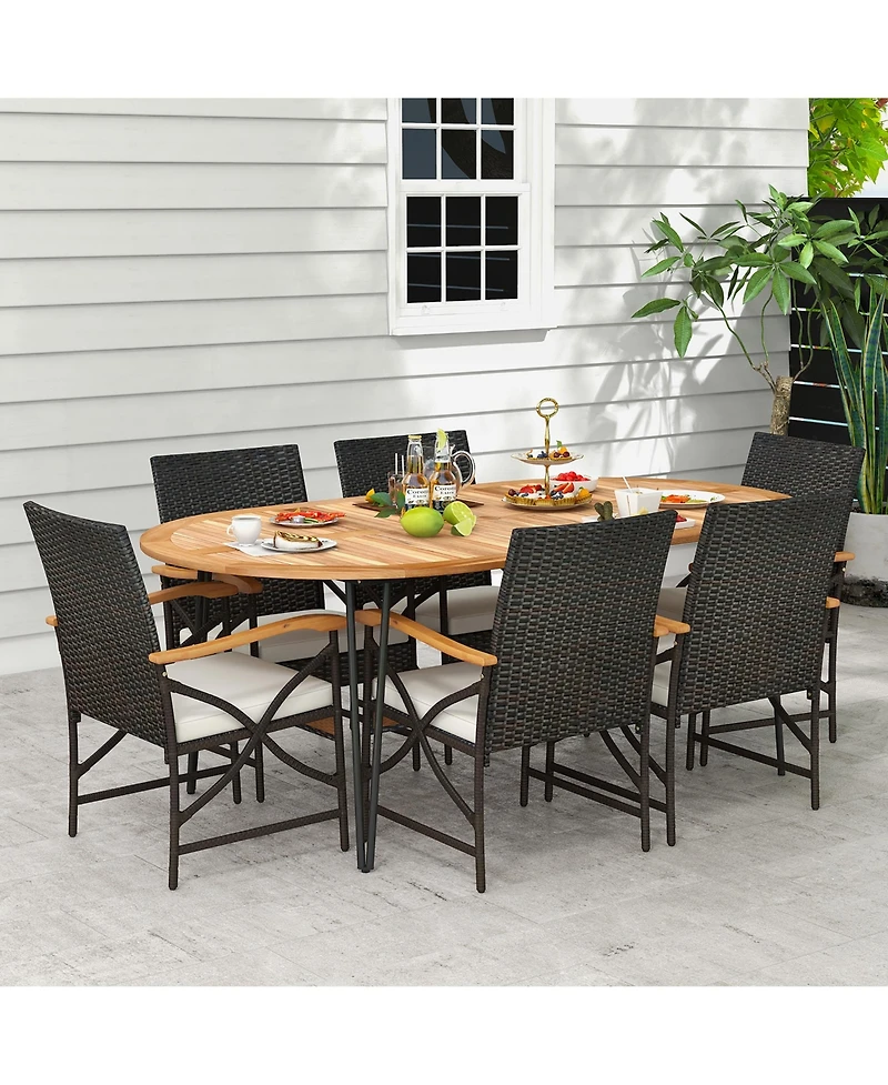 Gymax 9 Pcs Rattan Dining Set Acacia Wood Table and 8 Patio Wicker Armchairs Patio
