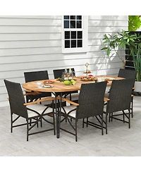 Gymax 9 Pcs Rattan Dining Set Acacia Wood Table and 8 Patio Wicker Armchairs Patio