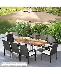 Gymax 9 Pcs Patio Rattan Dining Set Acacia Wood Table and 8 Patio Wicker Armchairs