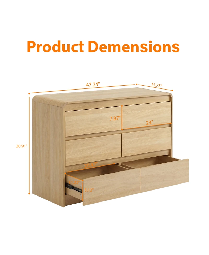 Rainsken Modern 6 Drawers Dresser, with Spacious Countertop, Curved Edge Design, Wood Storage Cabinet with Concealed Handles, for Bedroom,Living Room