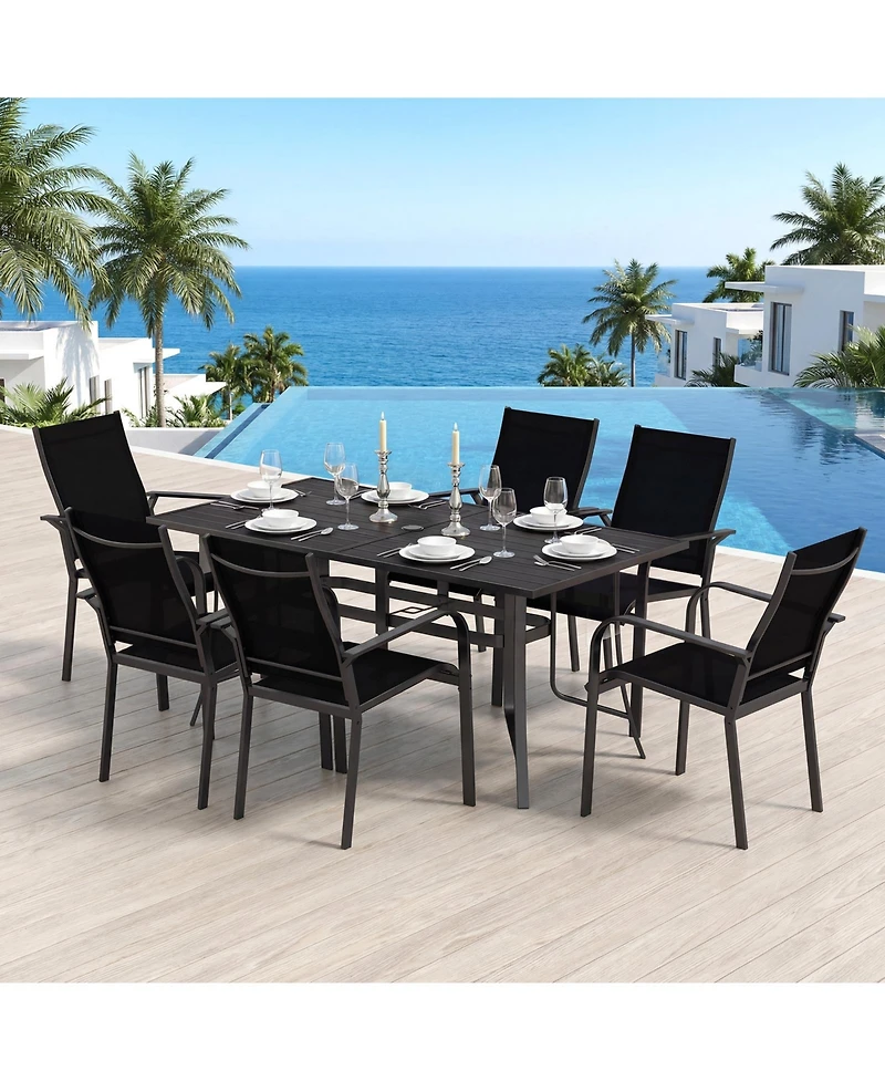 Gymax 7PCS Patio Dining Set for 6 Metal Table w/Umbrella Hole and Stackable Armchairs