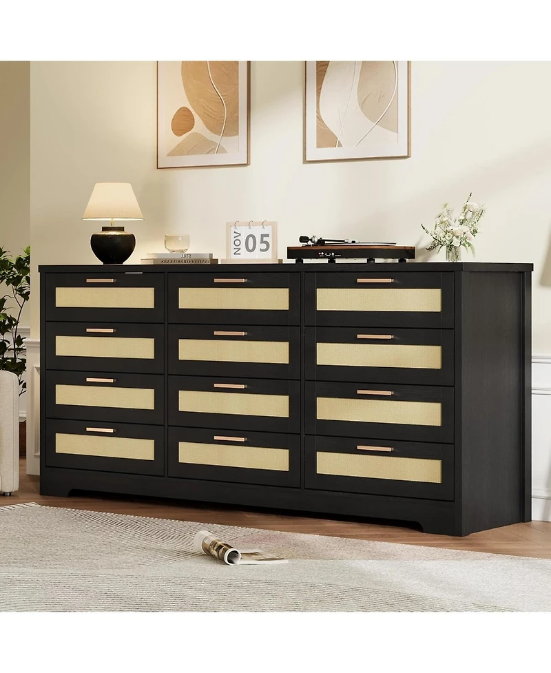 gaomon 12 Drawer Dresser for Bedroom, Modern Rattan Chest of Drawers