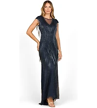 Lara Women's Beaded Fringe V-Neckline Dress with Cap Sleeves