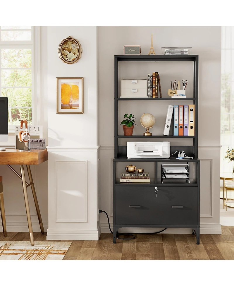 Aheaplus Storage File Cabinet with Hutch, Charging Station, Lock Drawers