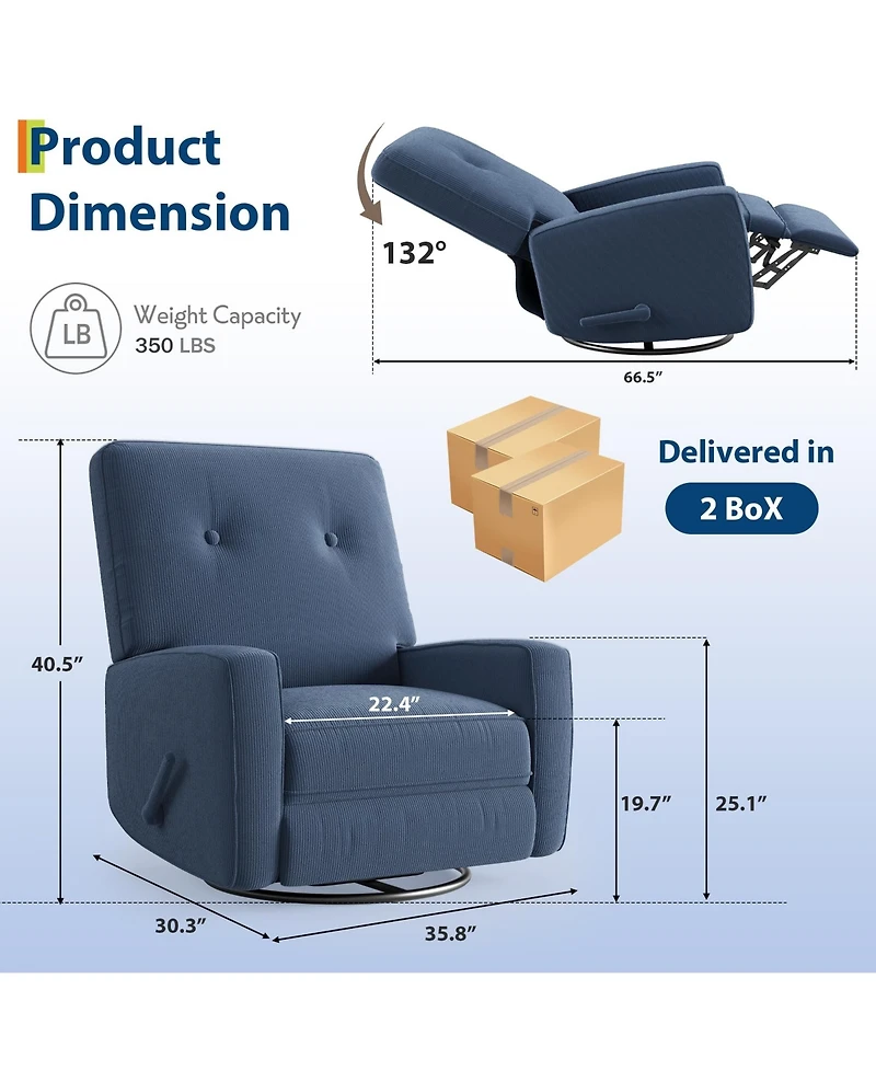 homfan Recliner Chairs, Swivel Rocker Recline, Glider Nursery Chair, Chair for Adults, 360degree(s)Swivel Rocking