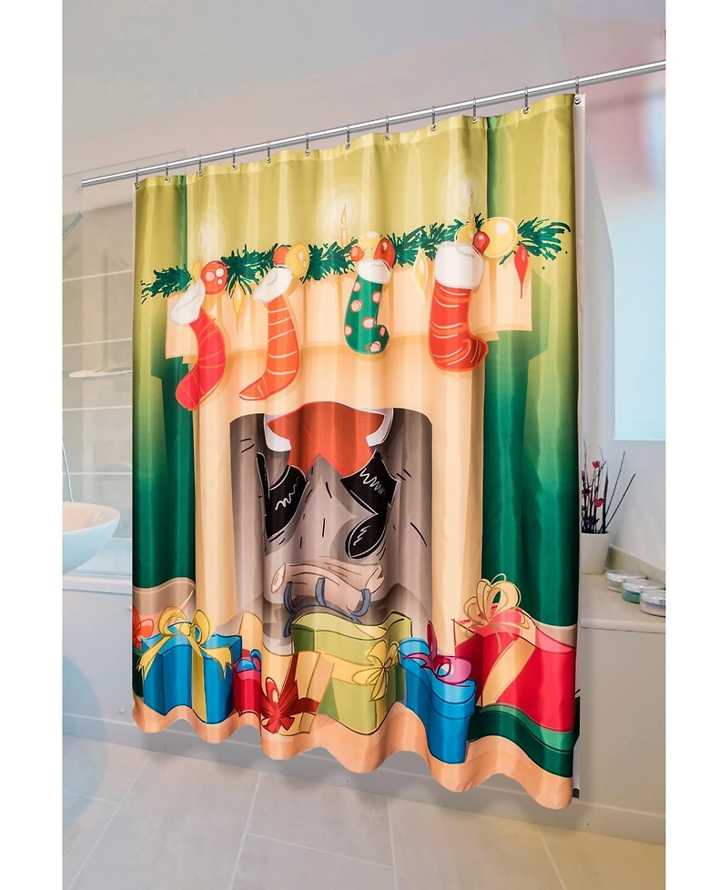 Carnation Home Fashions Festive Fireplace Christmas Fabric Shower Curtain