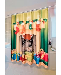 Carnation Home Fashions Festive Fireplace Christmas Fabric Shower Curtain