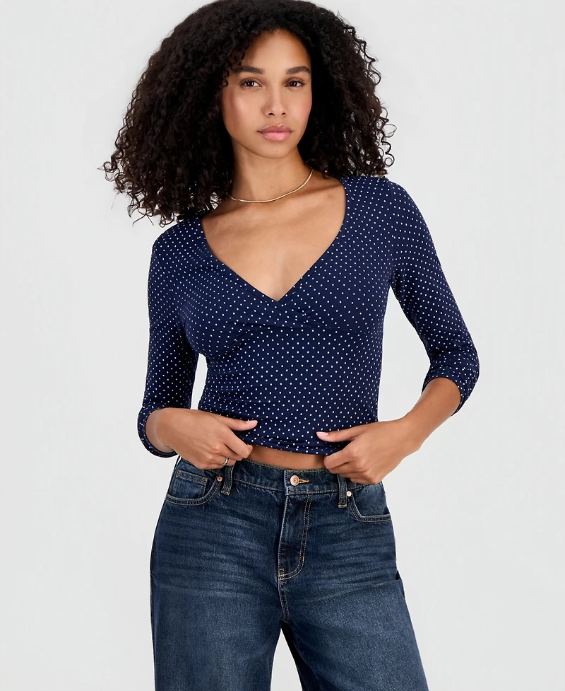 Madden Girl Juniors' Polkadot Long-Sleeve Surplice Top