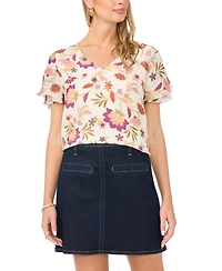 Vince Camuto Women's Printed V-Neck Ruffle Seam Top