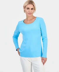 Style & Co Petite Scoop-Neck Long-Sleeve Cotton Top, Created for Macy's