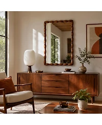 Phying Mid Century Modern Mirror Swirl Wood Frame Brown Decorative Wall Mounted Mirror for Home Bedroom Living Room