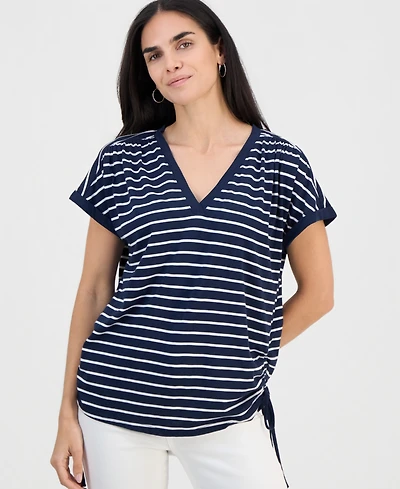 Style & Co Petite Striped Ruched-Side V-Neck Top, Macy's Exclusive
