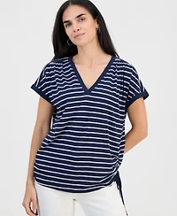 Style & Co Petite Striped Ruched-Side V-Neck Top, Macy's Exclusive