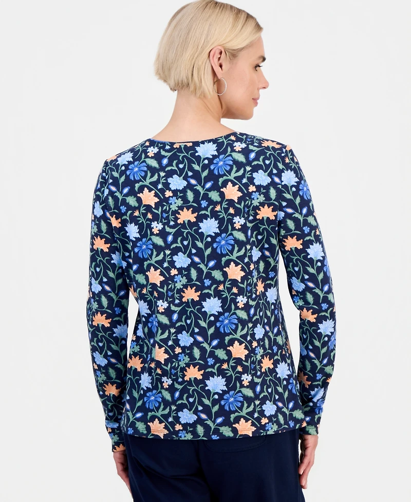 Style & Co Petite Soft Flora Scoop-Neck Long-Sleeve Top, Macy's Exclusive